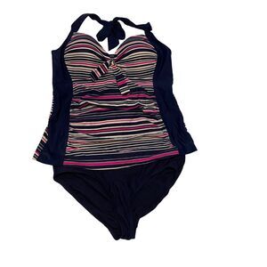 #7406 Pink Navy Blue and White Striped Merona 2-piece Bathing Suit Size XL